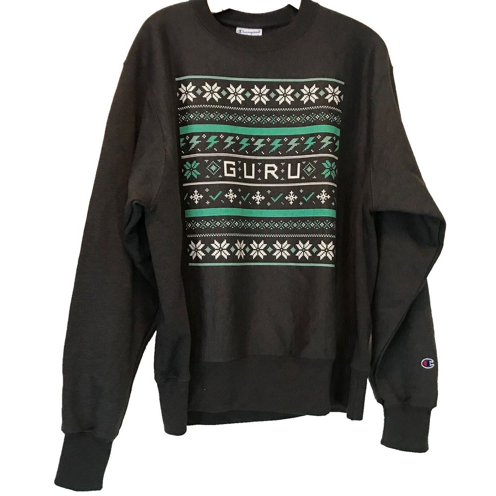 Champion Reverse Weave Gray Fair Isle Guru Sweatshirt Size Medium Christmas Nerd